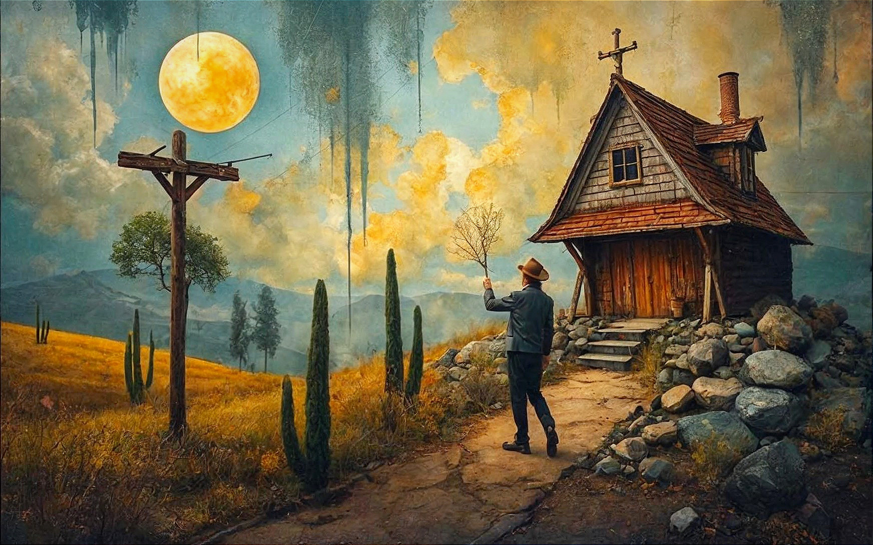 Whimsical Landscape with Cottage and Vibrant Fields