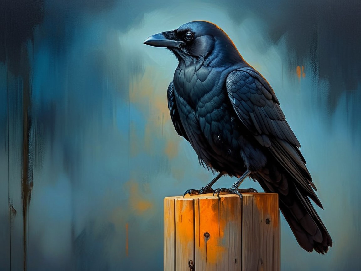 Black Raven on Wooden Post with Abstract Background