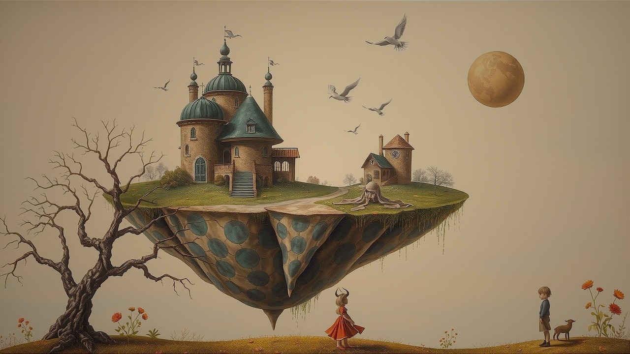Surreal Landscape with Floating Island and Castle