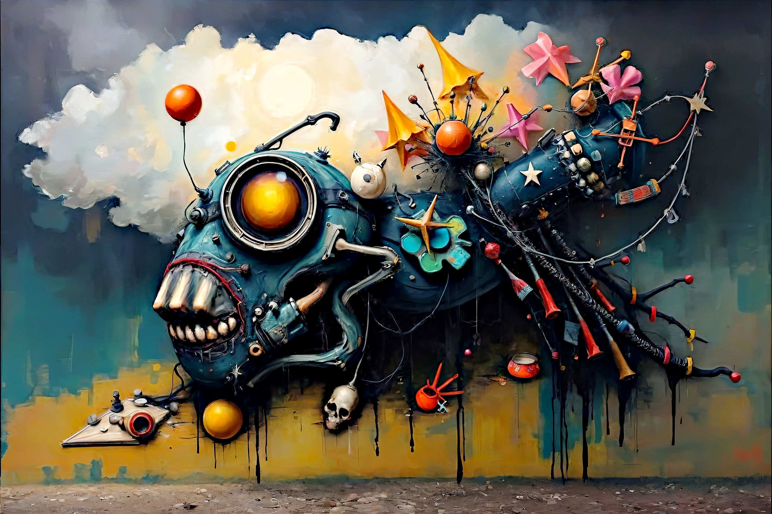 Steampunk Fish Monster Graffiti on Concrete Wall