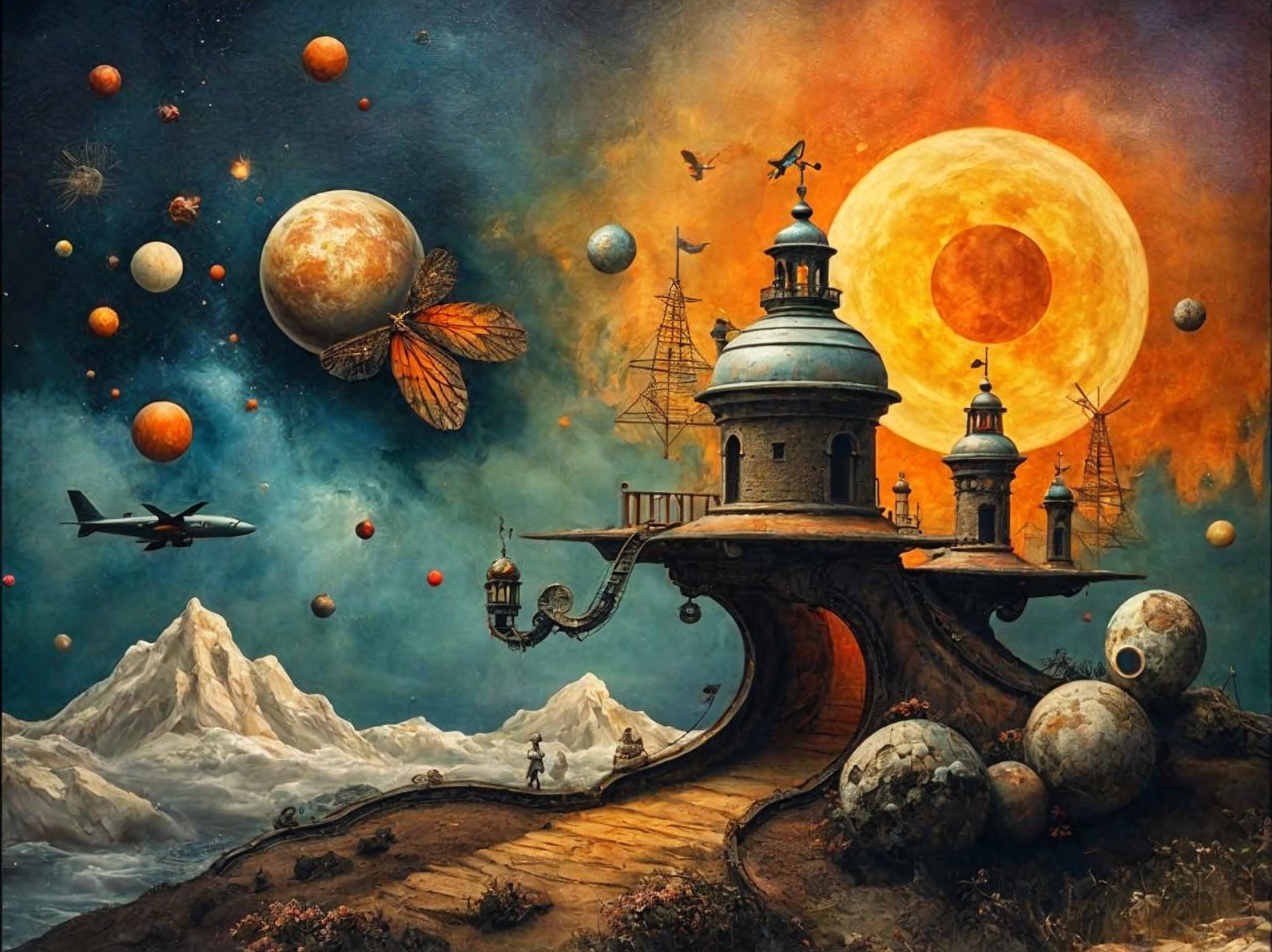 Surreal Landscape with Whimsical City and Cosmic Elements