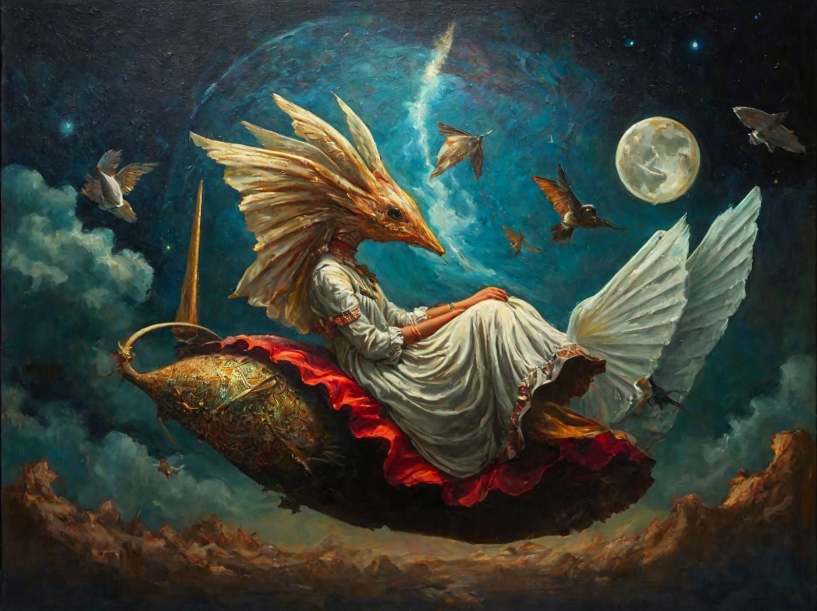 Surreal painting of a bird-headed figure in flight