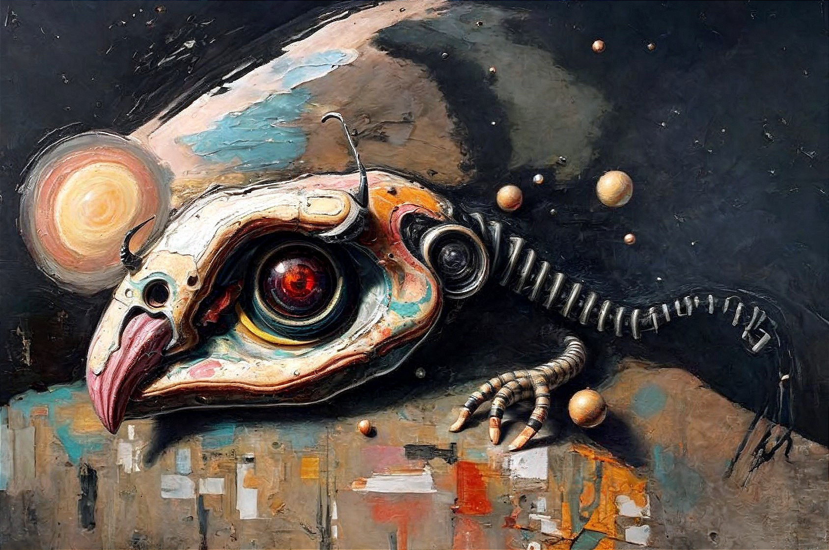 Dark Oil Painting of Cybernetic Bird-like Creature