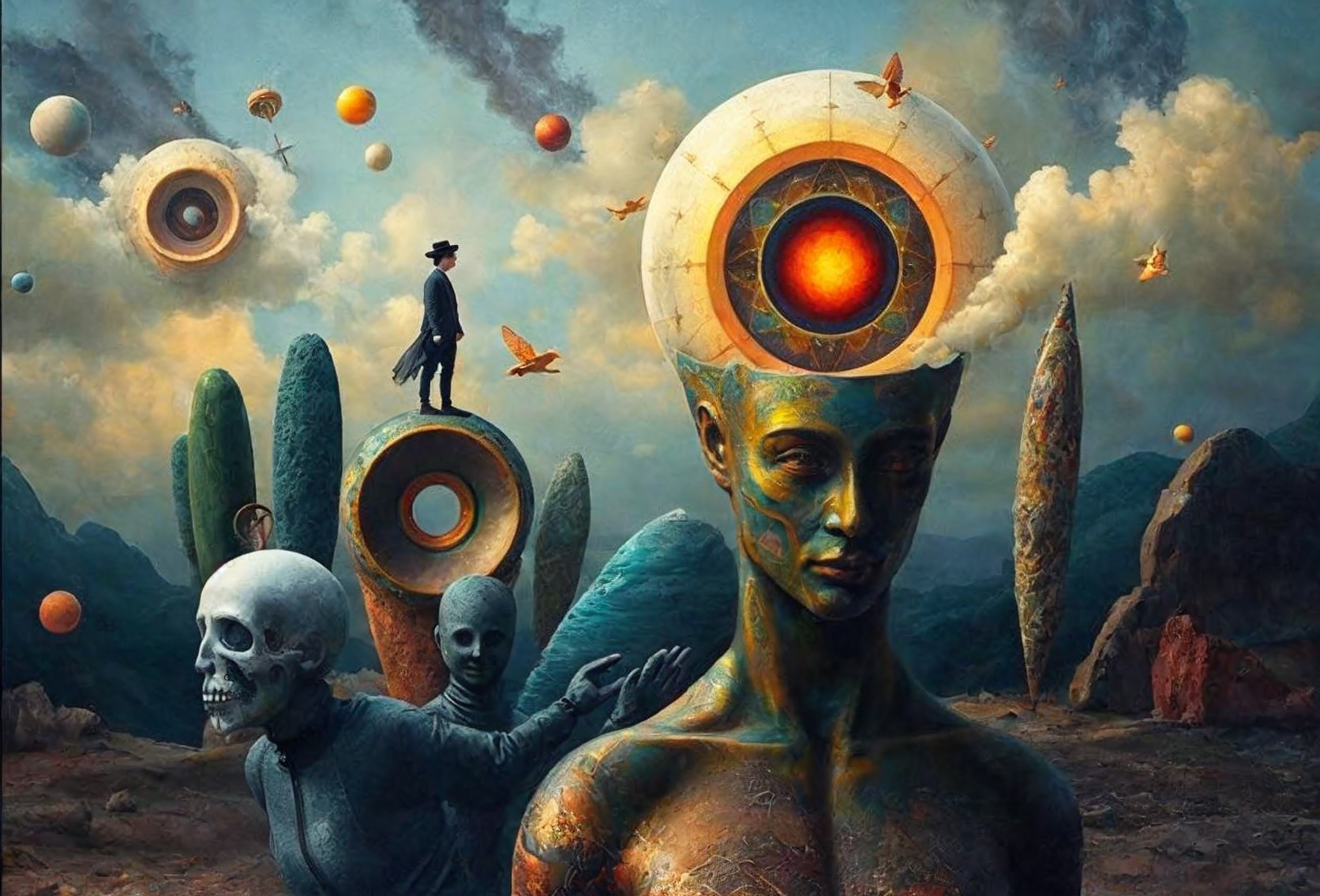 Surreal Landscape with Giant Orbs and Ethereal Mountains