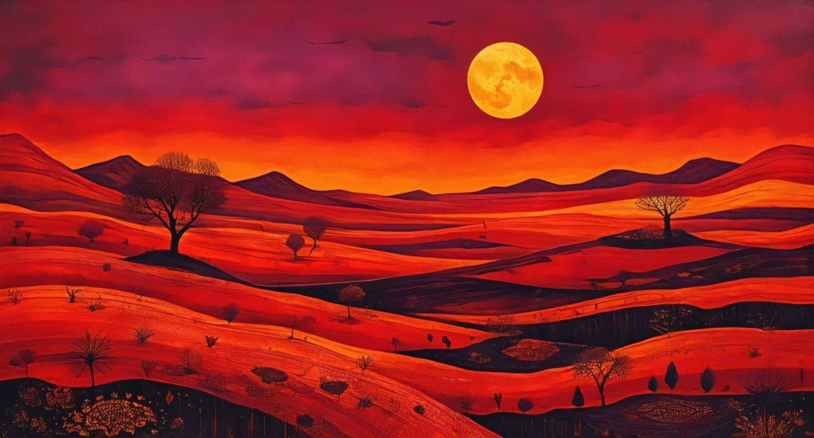 Vibrant Landscape with Rolling Hills and Orange Moon