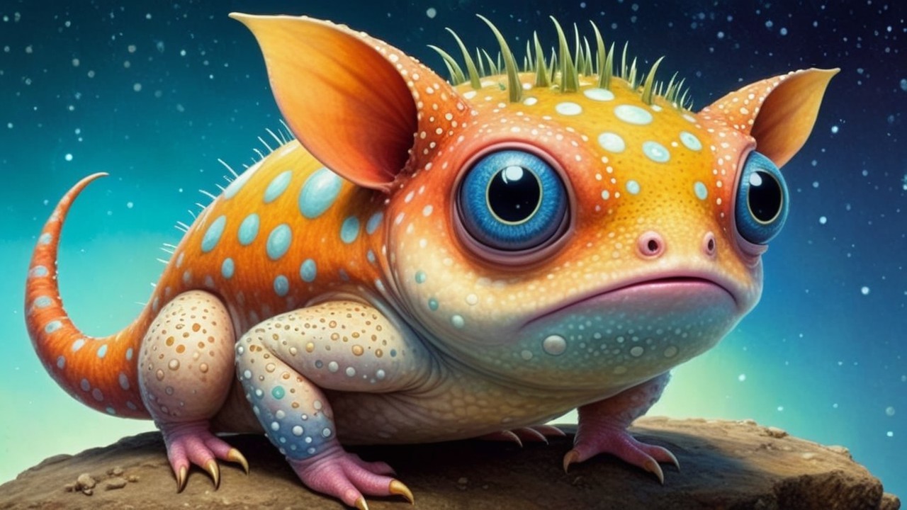 Whimsical creature with orange skin and cosmic backdrop