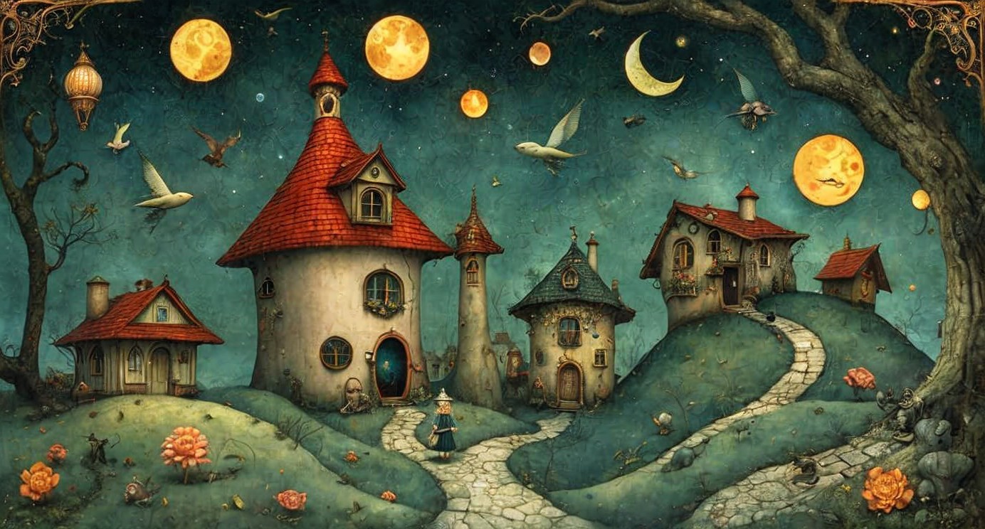 Whimsical Village Scene Under a Starlit Sky