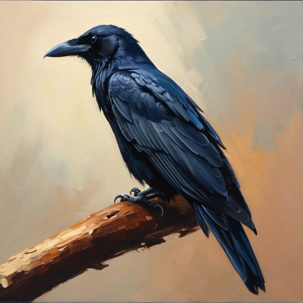 Majestic raven on textured branch with glossy feathers