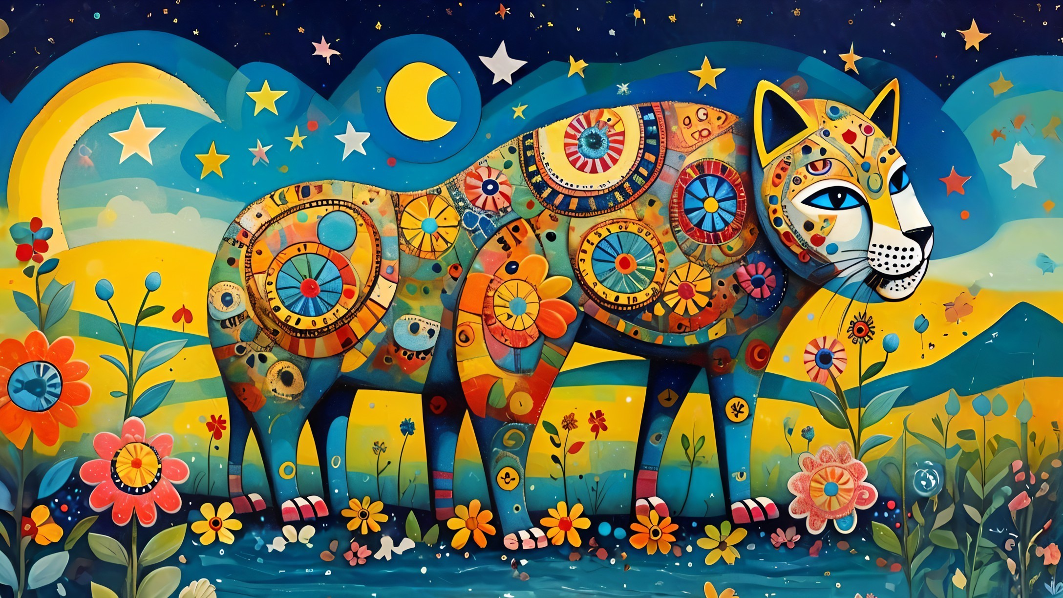 Vibrant Mural of Stylized Cat Among Whimsical Nature