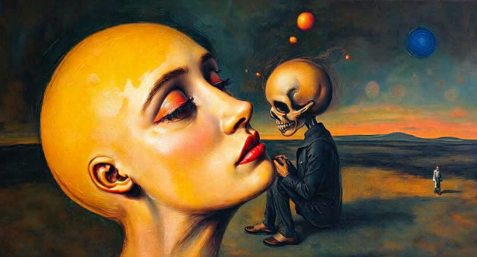 Surreal Landscape with Golden Female Head and Skull Figure
