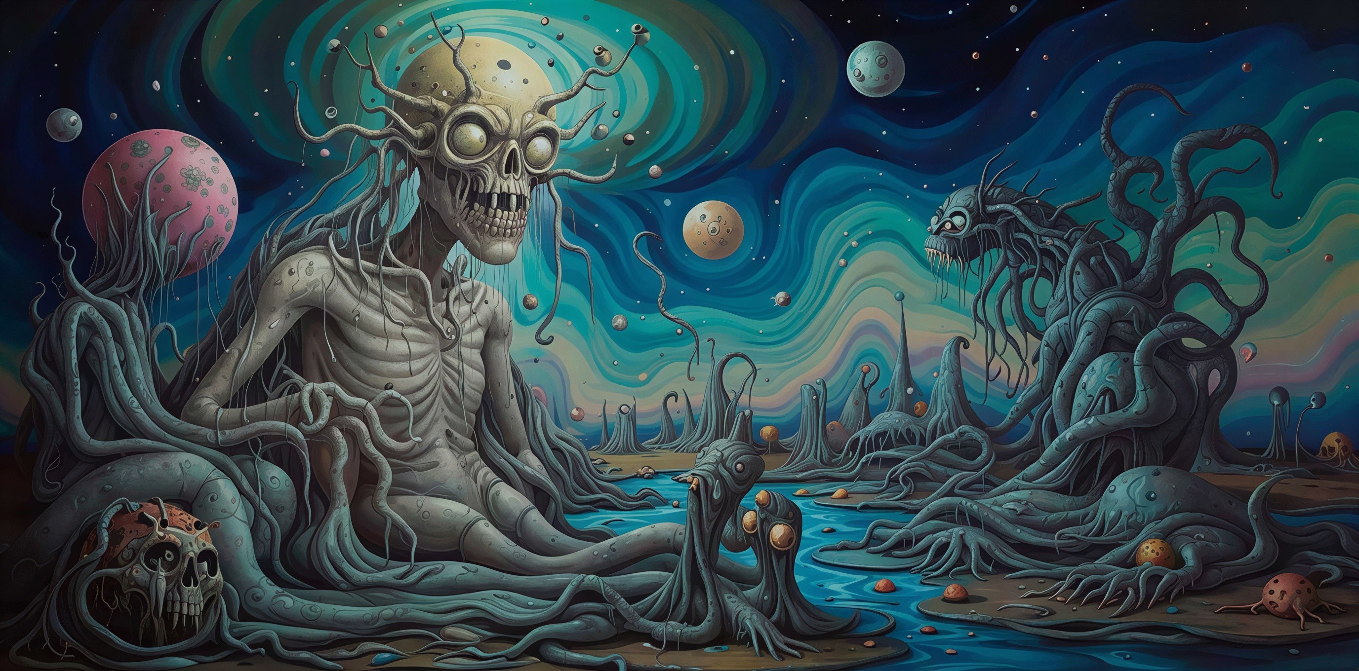 Psychedelic Horror Landscape with Skeletal Creature