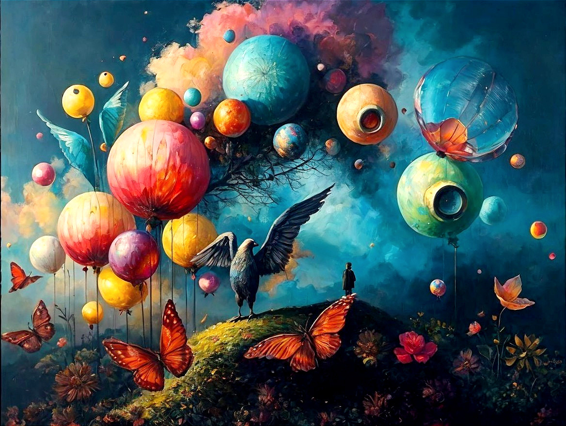 Surreal Landscape with Colorful Spheres and Nature