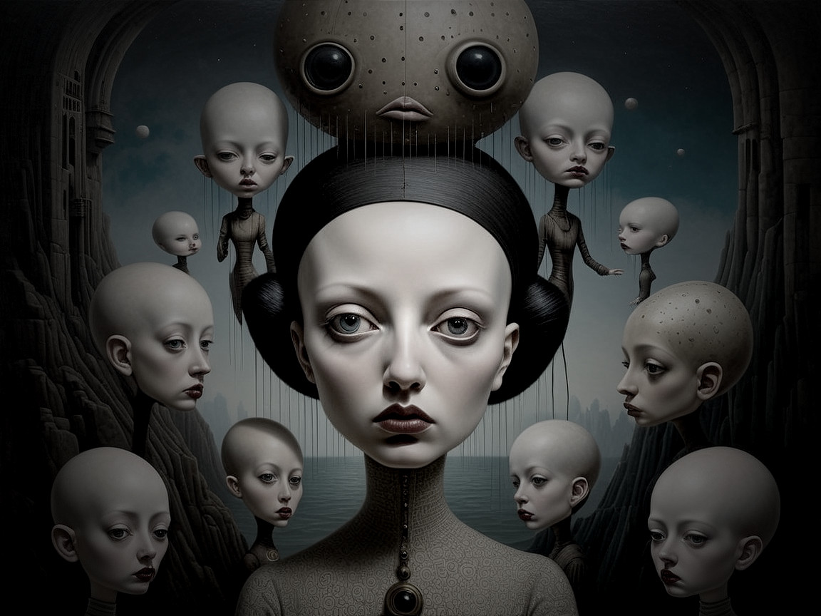 Surreal Composition of Porcelain-Like Faces in Dark Landscape