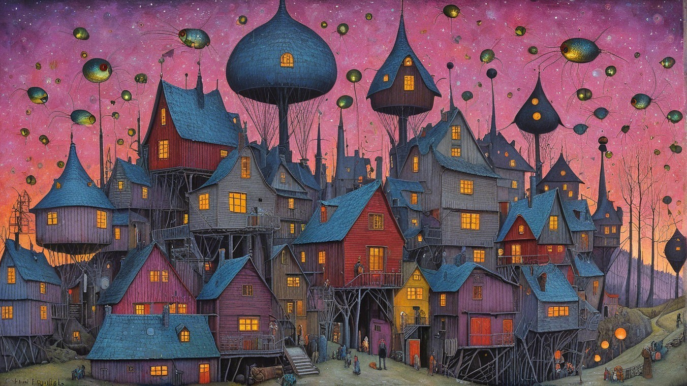 Whimsical Village with Colorful Stilt Houses at Twilight