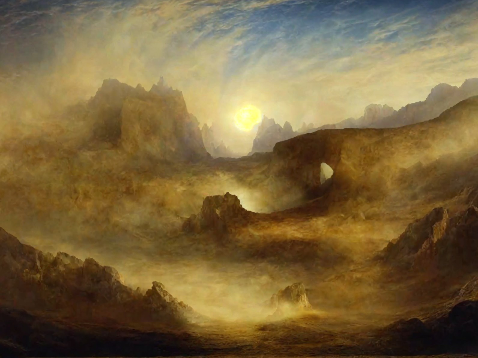 Surreal Landscape with Mountains and Golden Sky