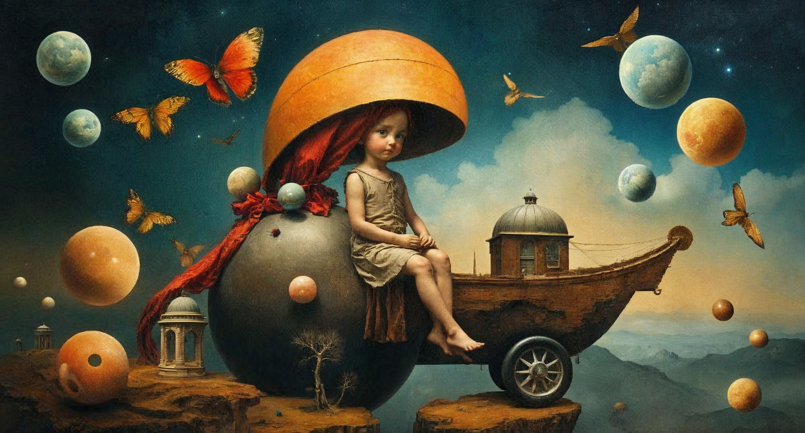 Surreal Landscape with Girl on Spherical Object