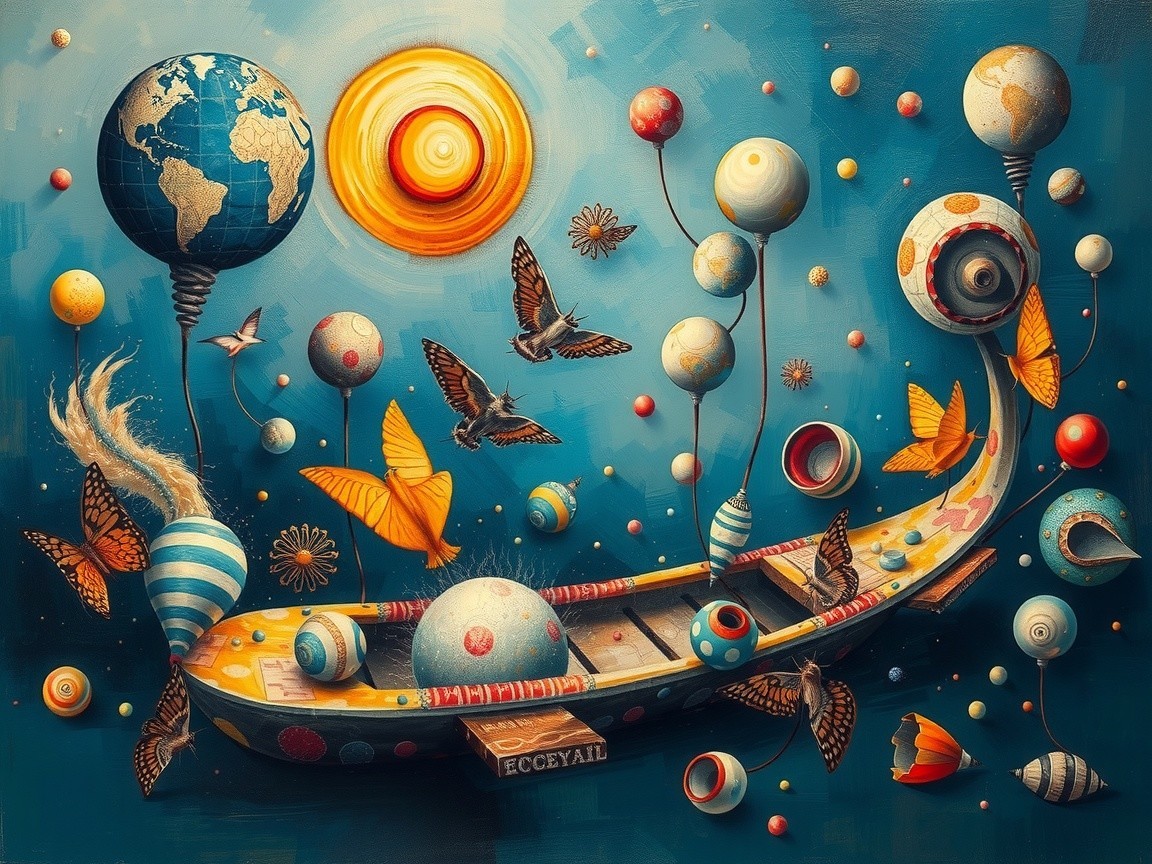 Surreal Scene with Vibrant Boat in Dreamy Landscape