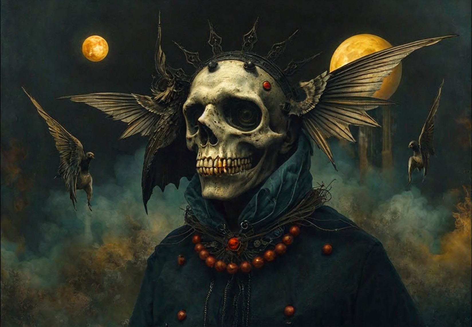 Surreal Figure with Skull Head and Ethereal Elements