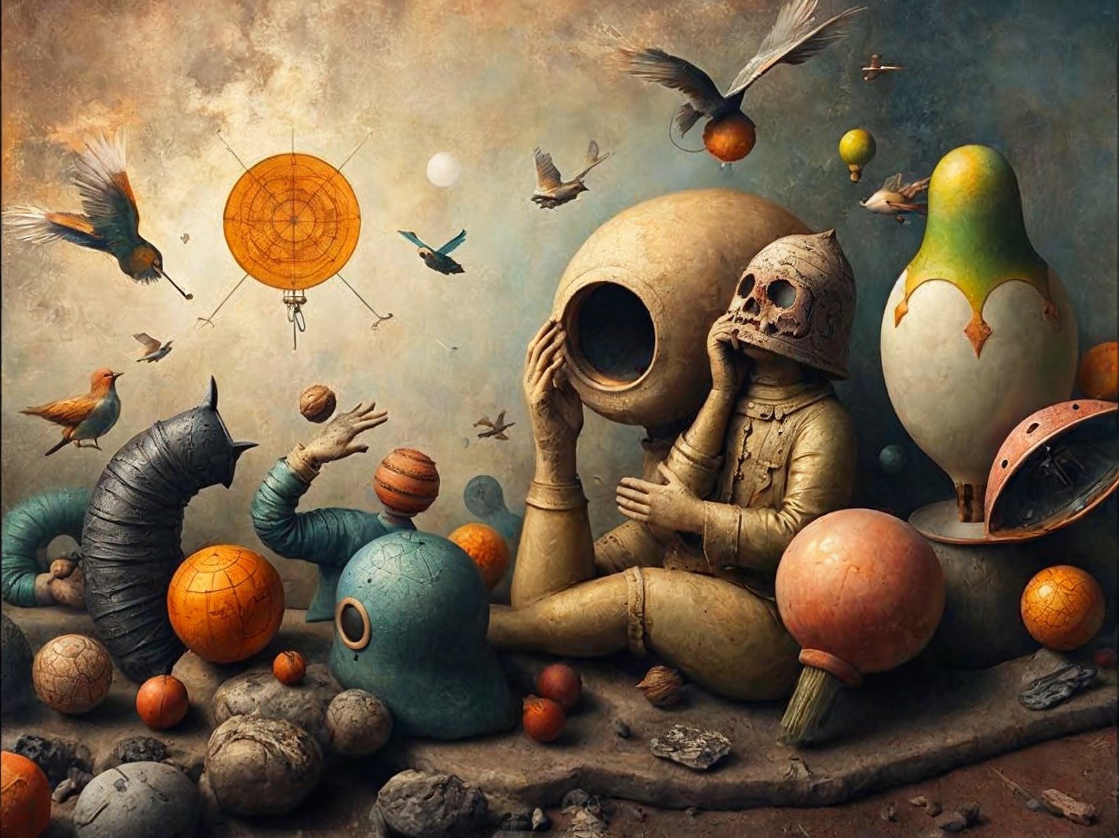 Surreal Landscape with Skeletal Mask and Abstract Creatures