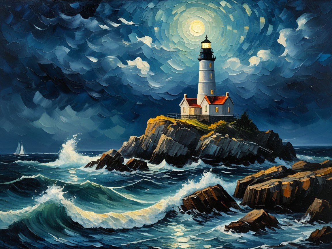 Dramatic Seascape with Lighthouse and Turbulent Waves