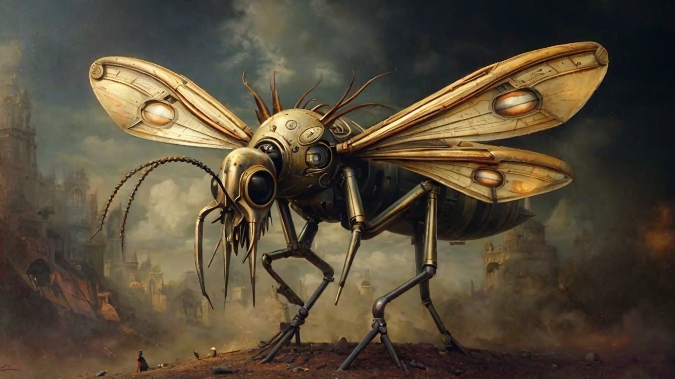 Mechanical Bee in a Dystopian Landscape Scene