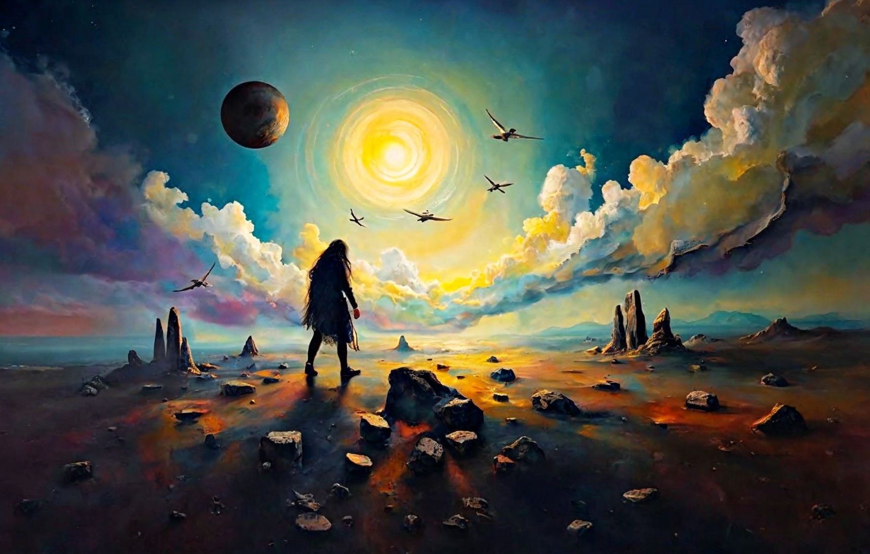 Ethereal Landscape with Figure and Glowing Sun