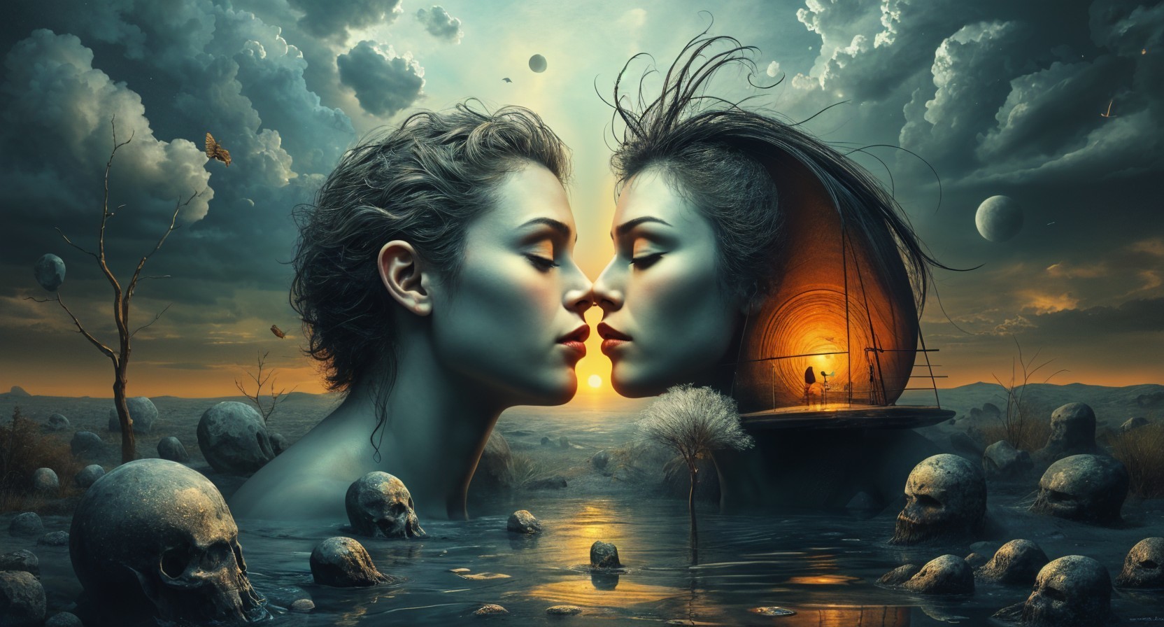 Ethereal Faces in Surreal Landscape with Mystical Elements