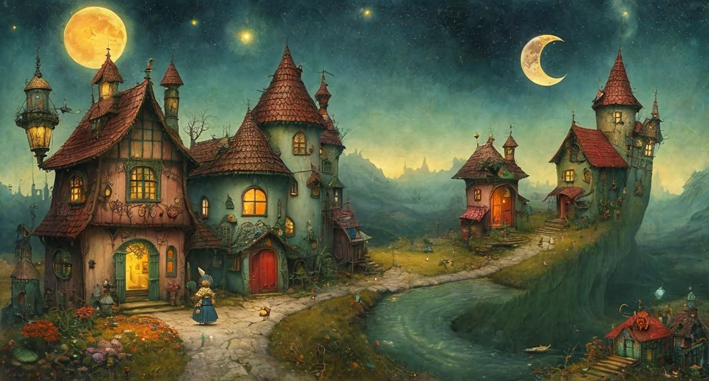 Whimsical Twilight Village with Crooked Houses and River
