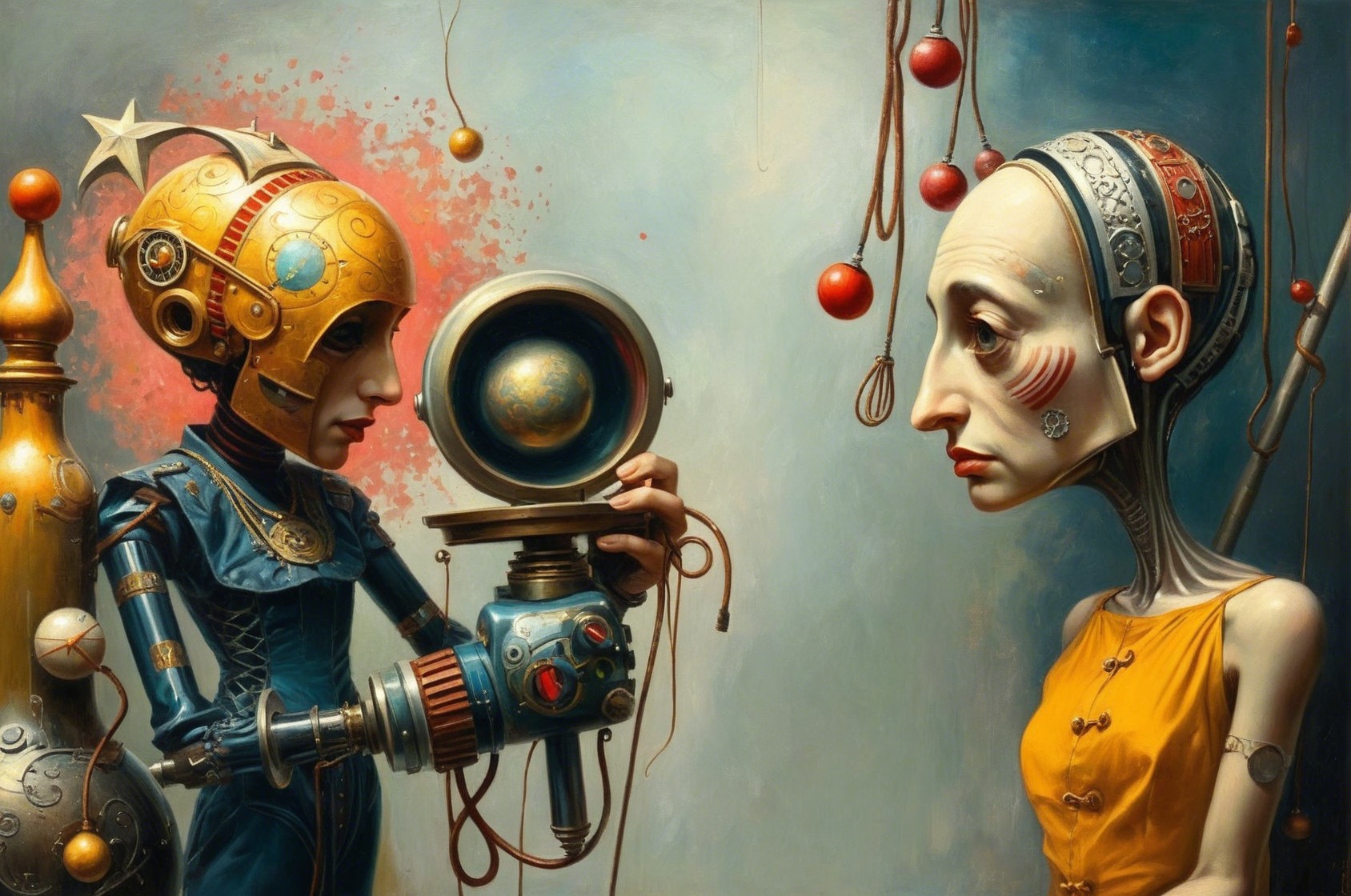 Steampunk Surrealism Painting of Metallic Creatures
