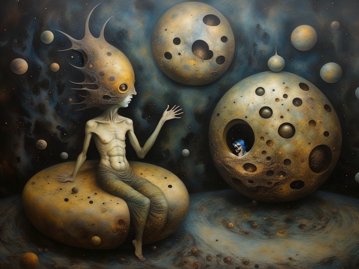 Surreal Cosmic Landscape with Alien Figure and Planets