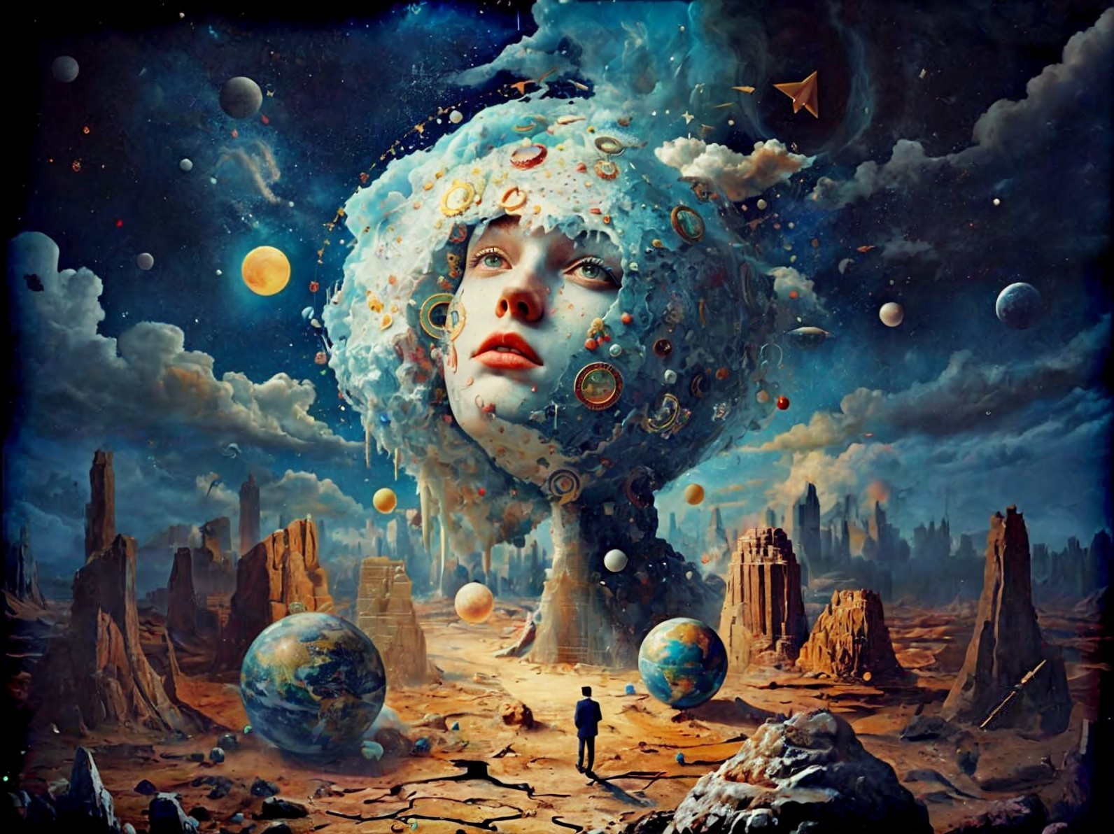 Surreal Landscape with Colossal Cosmic Head