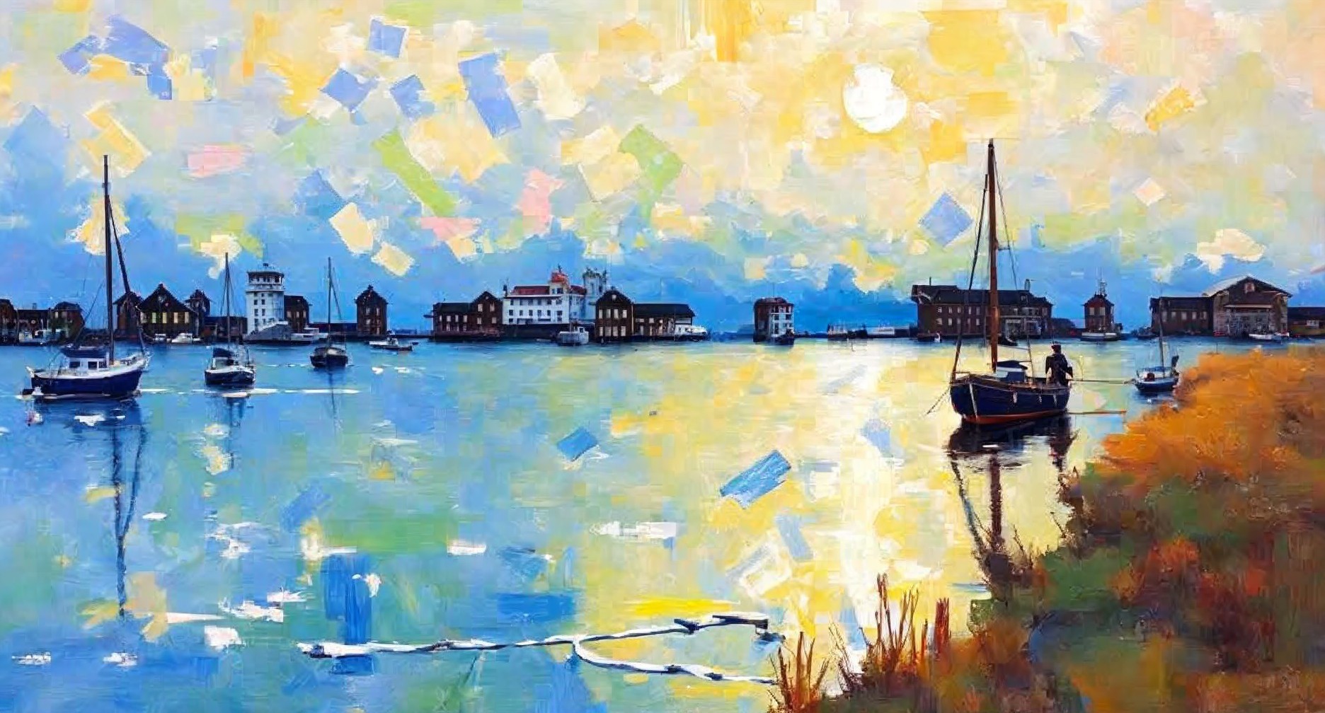 Impressionistic Seaside Town with Colorful Buildings