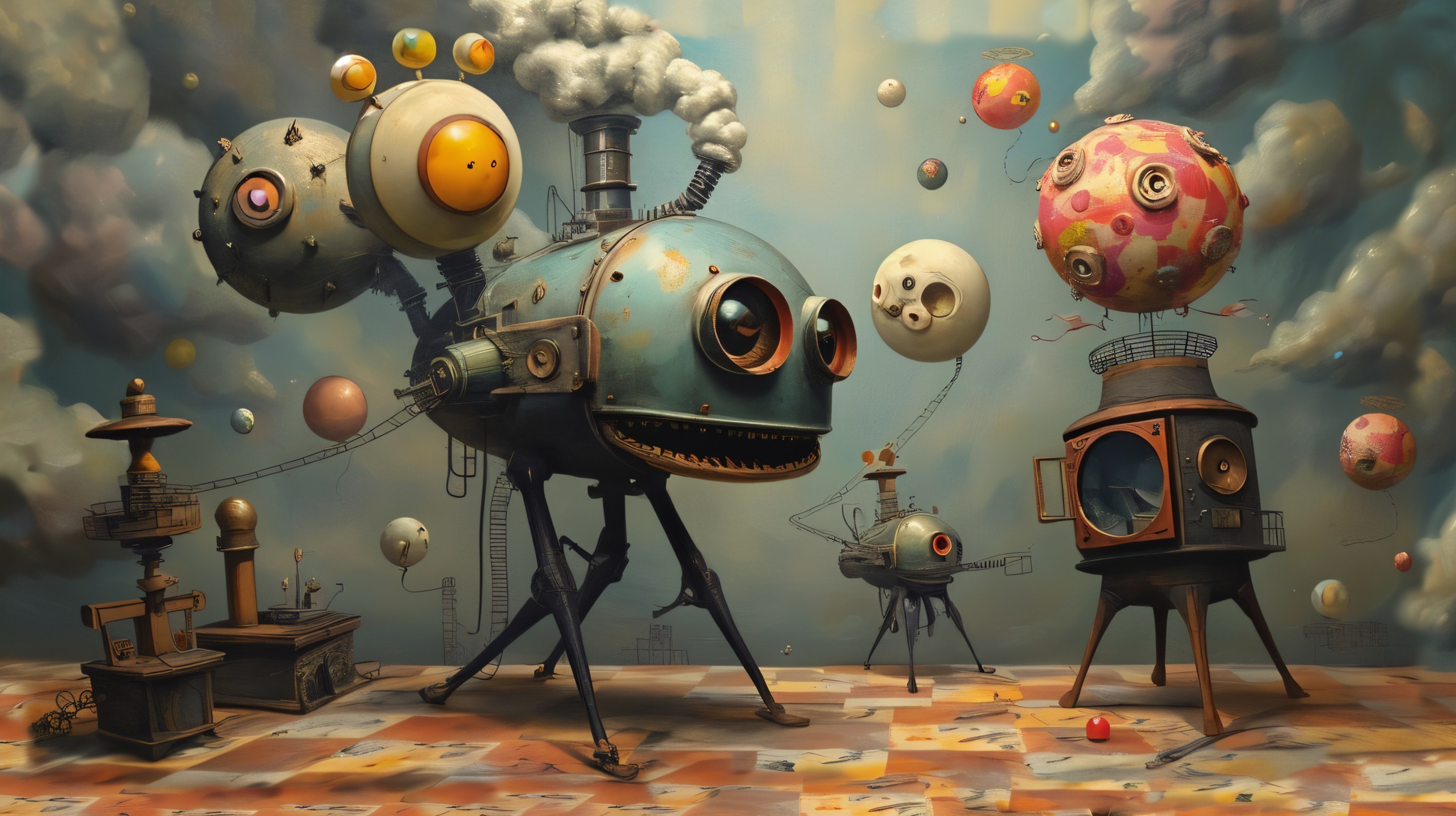 Surreal Landscape with Whimsical Retro-Futuristic Machines