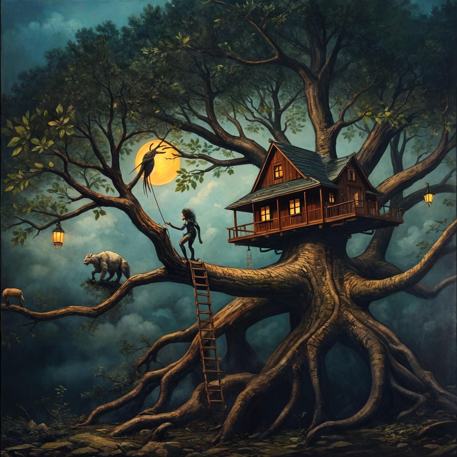 Whimsical Forest Scene with Cozy Cabin and Creatures