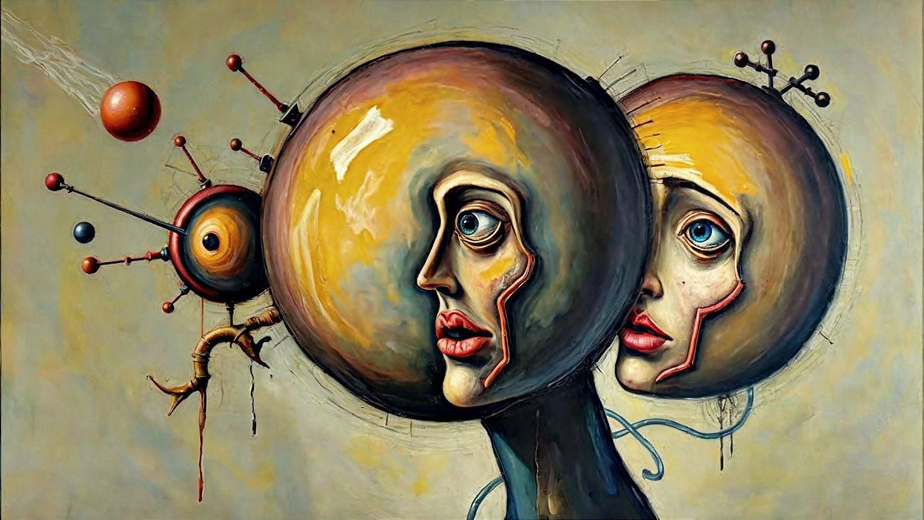Surreal Painting with Two Distinct Faces and Features