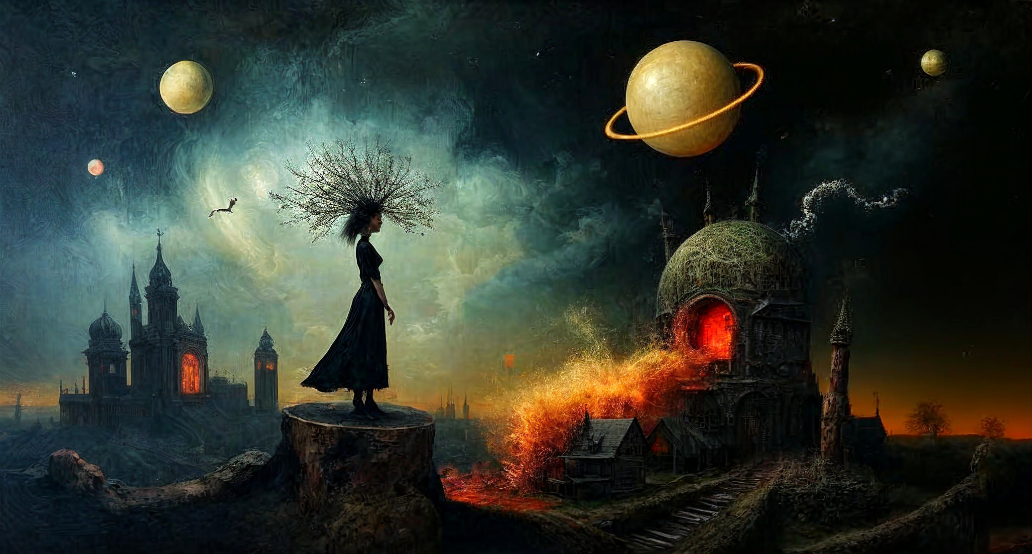 Surreal Landscape with Figure and Eerie Castle