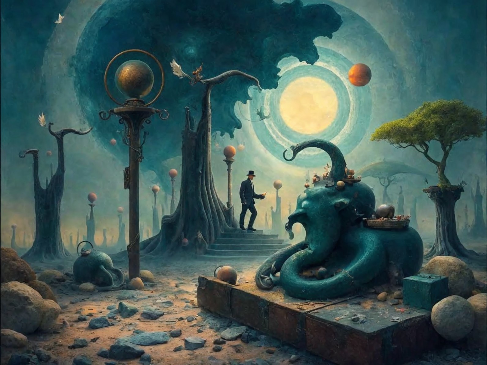 Surreal Landscape with Whimsical Figures and Celestial Bodies