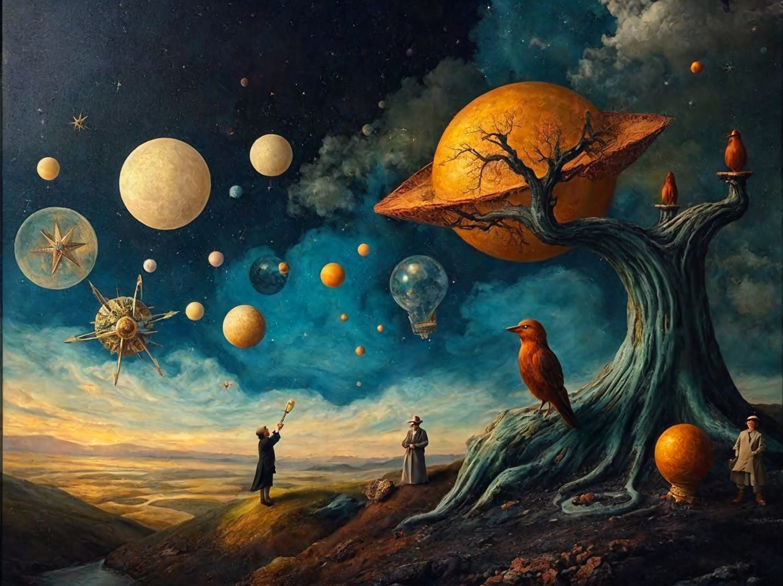 Surreal Cosmic Landscape with Vibrant Tree and Figures