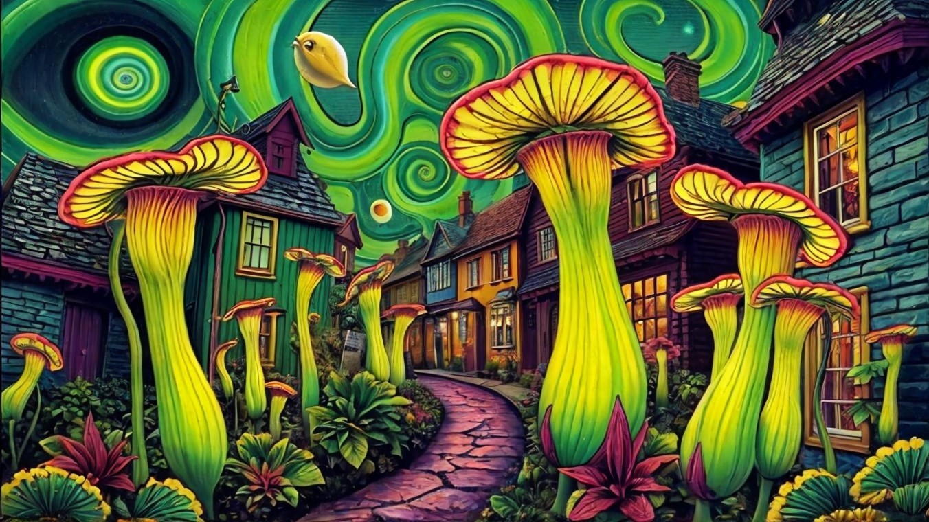Whimsical Village Scene with Colorful Mushrooms and Skies