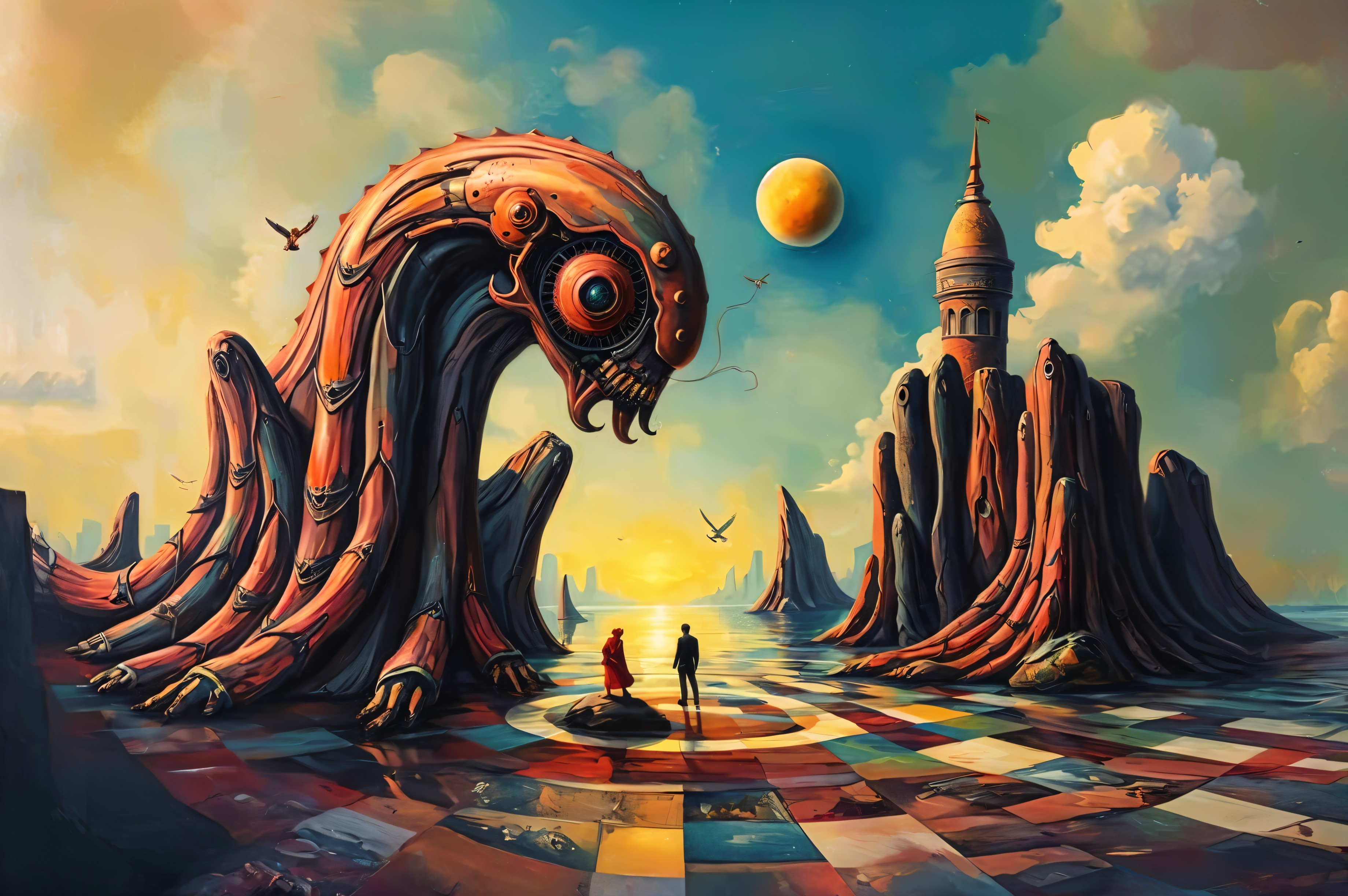 Surreal Landscape with Robotic Sea Creature and Figures