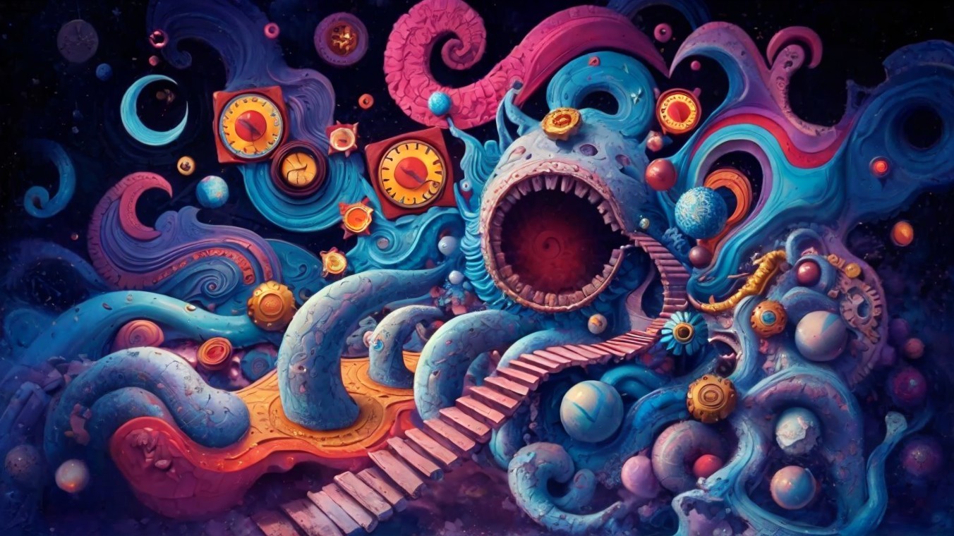 Surreal Scene with Abstract Shapes and Vibrant Colors