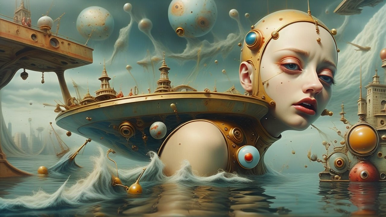 Surreal Futuristic Landscape with Humanoid Figure