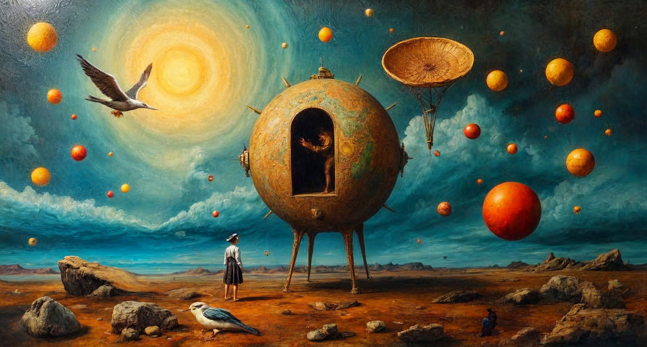 Whimsical landscape with globe structure and vibrant sky