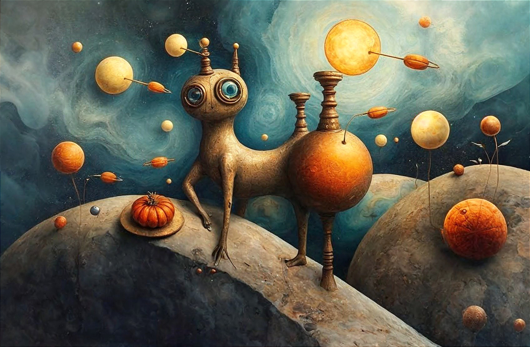 Surreal Landscape with Quirky Snail-Like Creature