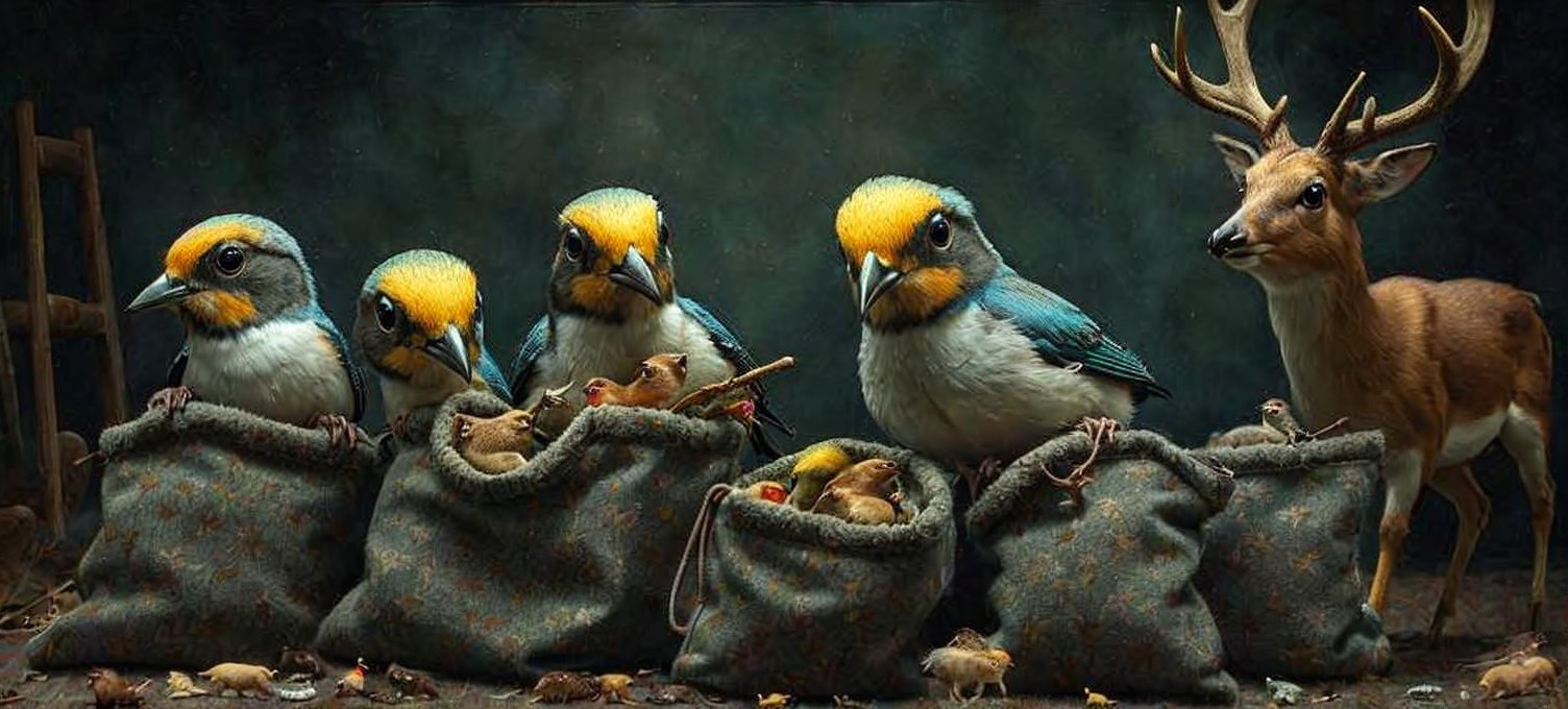 Vibrant Birds and Deer in a Whimsical Scene