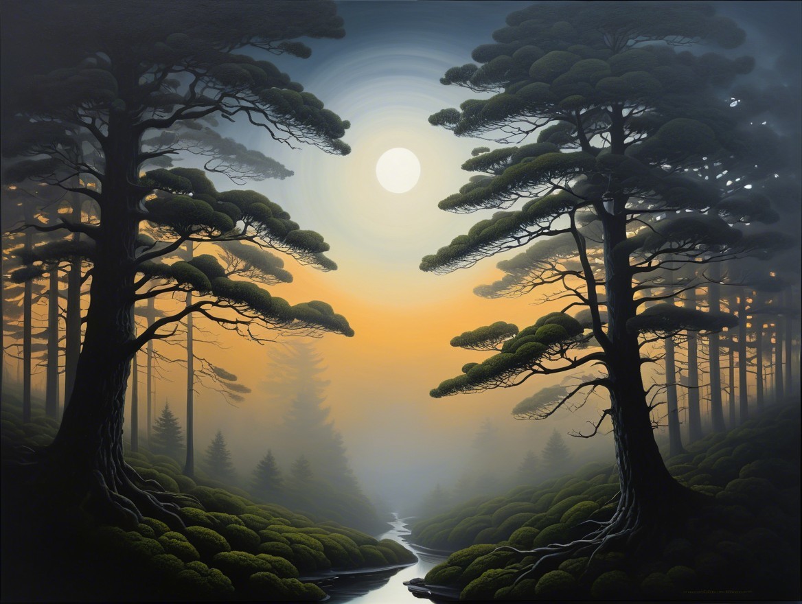 Serene Landscape with Moonlit Forest and Stream