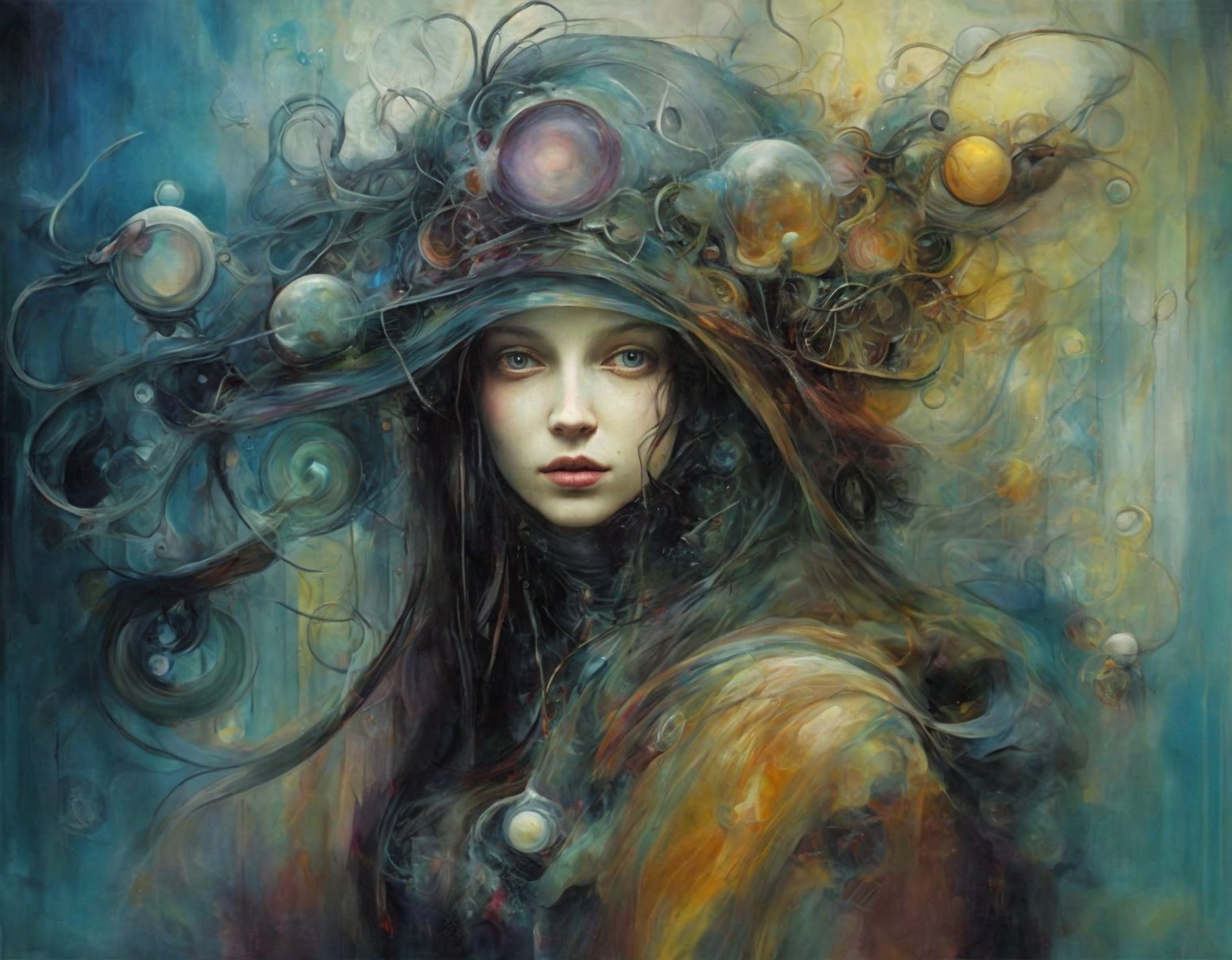 Mystical Portrait of a Woman with Cosmic Hairstyle