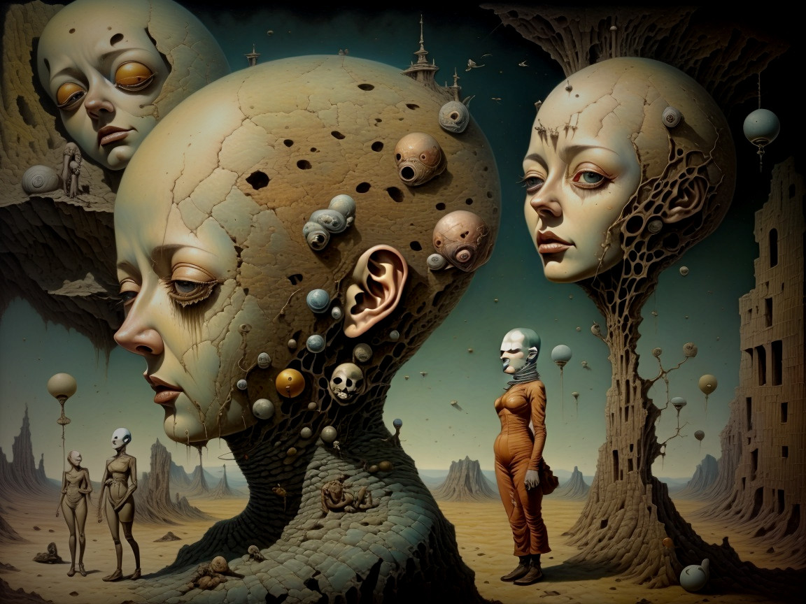 Surreal Humanoid Figures in a Barren Landscape