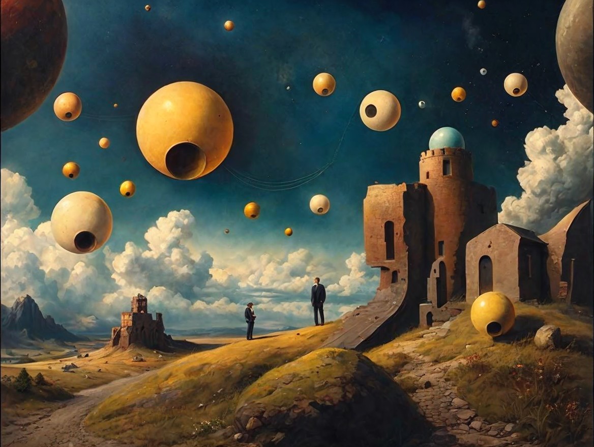 Surreal Landscape with Figures and Floating Orbs