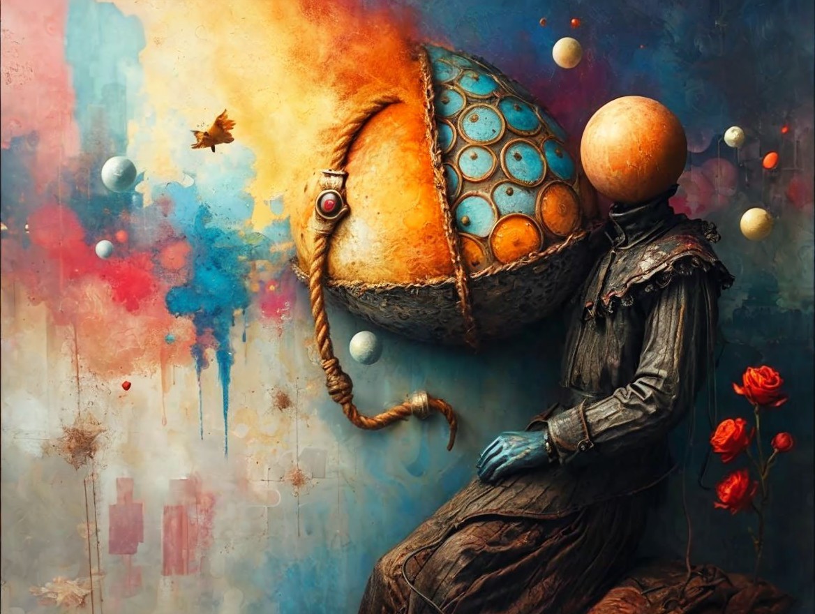 Surreal Figure with Spherical Head and Vibrant Backdrop